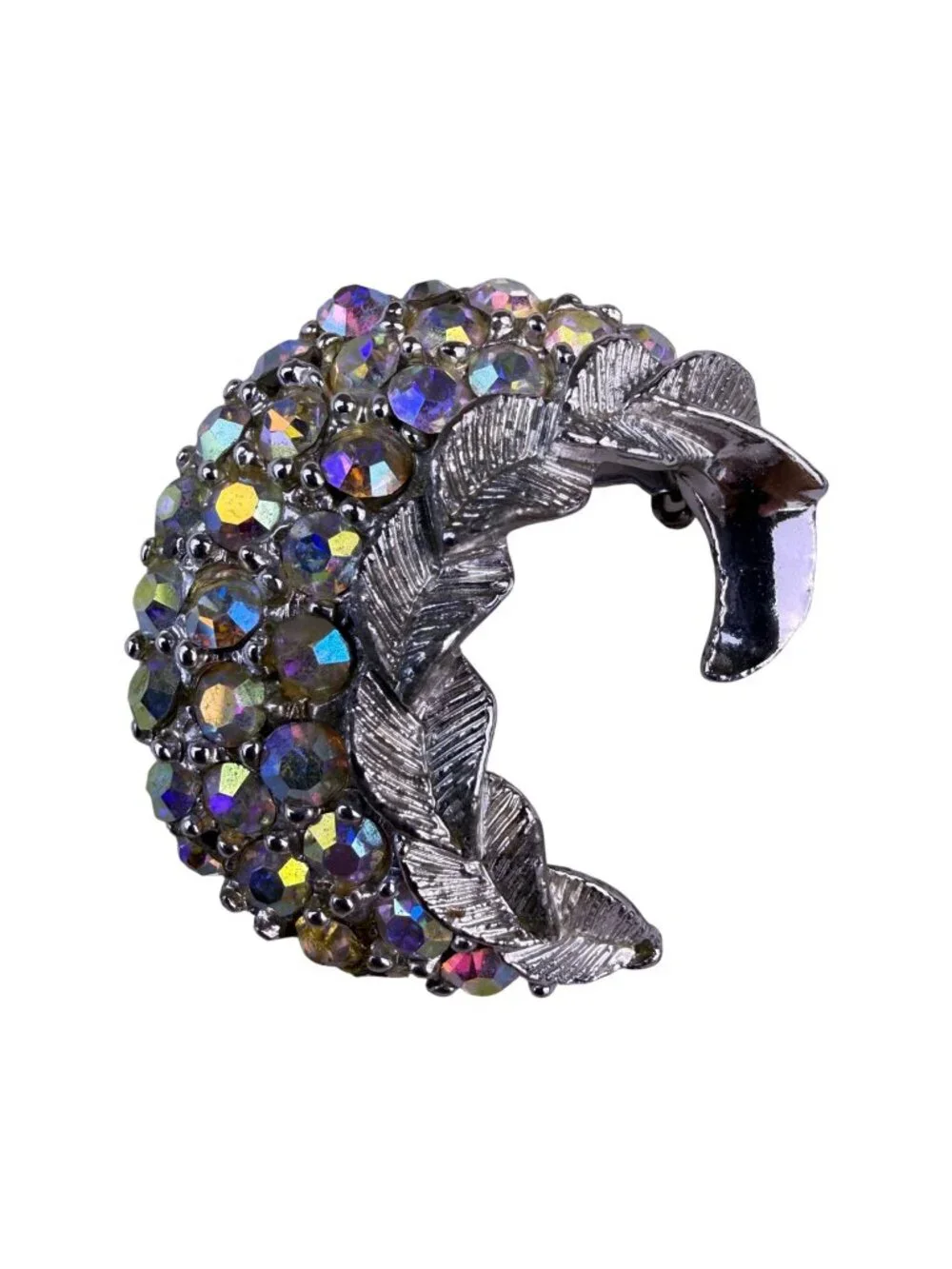 Vintage Womens Multi-Color Metal Rhinestone Crescent Leaf Brooch